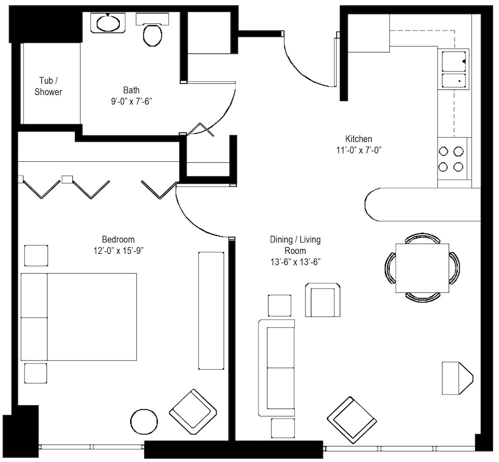 1 Bedroom, 1 Bathroom floor plan