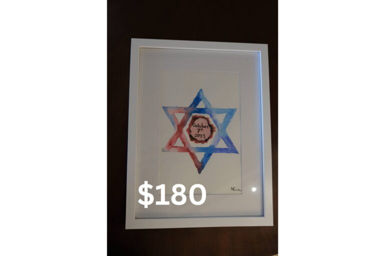 Watercolor Star of David in blue and red with the date October 7th 2023 in the middle.