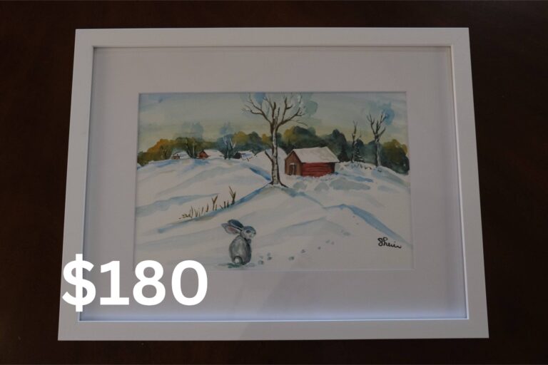 A snowy scene with a bunny painting.