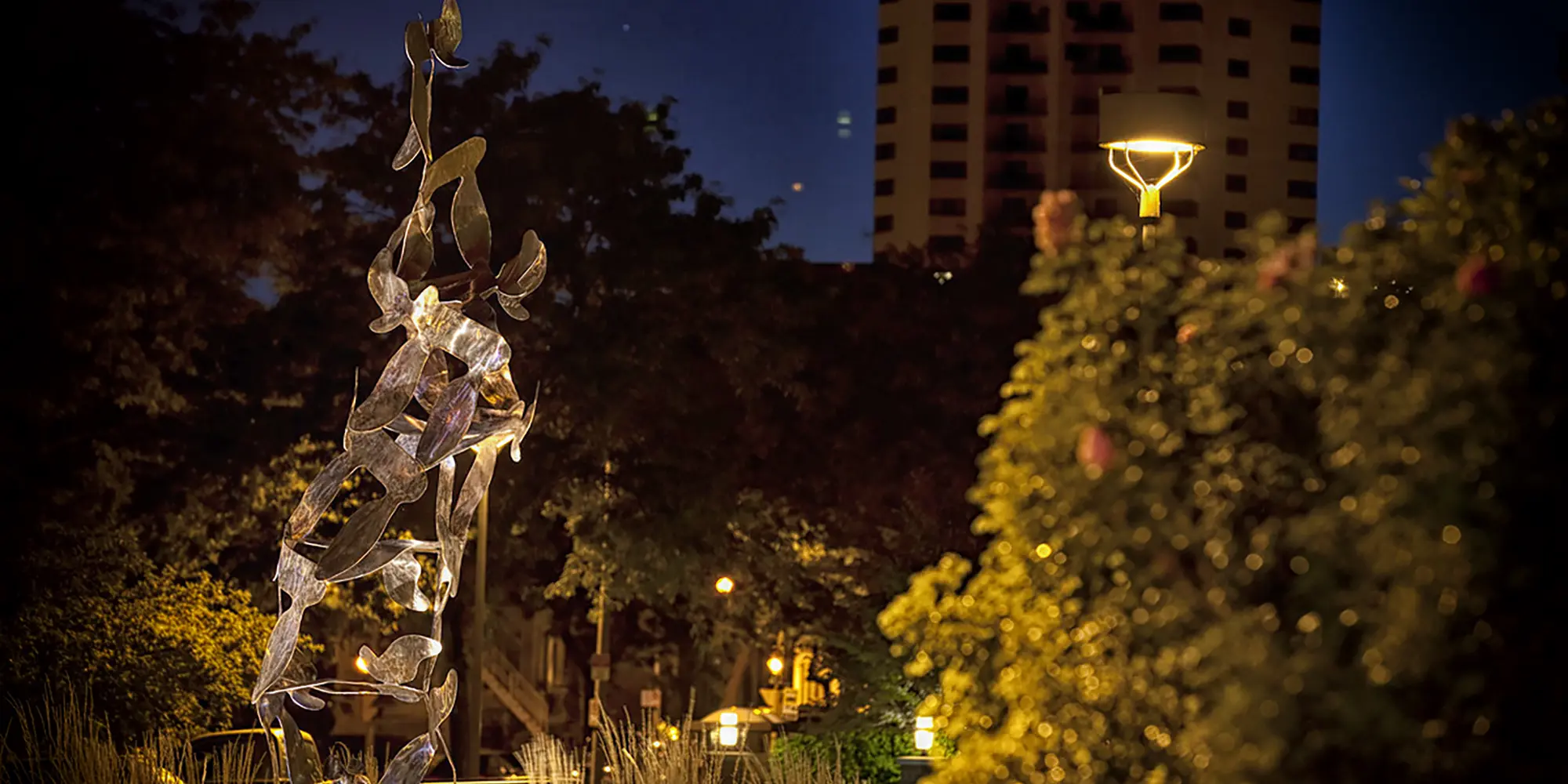 Chai Point metal sculpture lit up at night