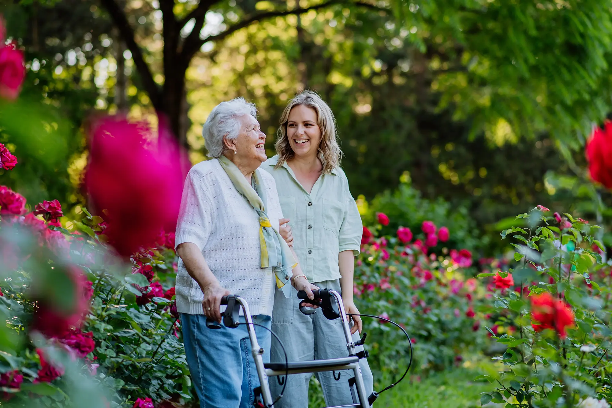 seniors walking through gardens